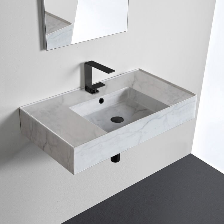 Scarabeo 5123-F-One Hole Marble Design Ceramic Wall Mounted or Vessel Sink With Counter Space